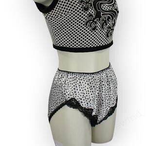 Lg 80s Vintage Interludes bv Cira Satin TapPant Black White Animal Print Lace